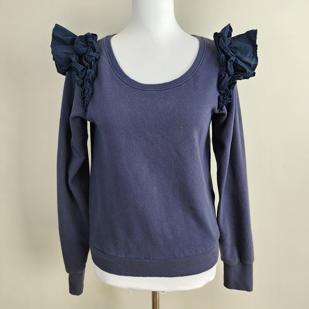 NATION LTD Esther Sweatshirt Ruffle Shoulder Womens XS Navy Feminine French Top
